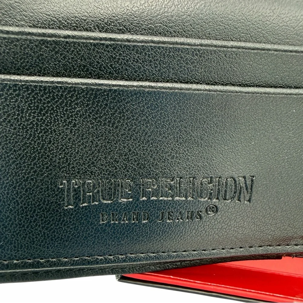 True Religion Black Leather Bifold Wallet Flip Slot New RFID